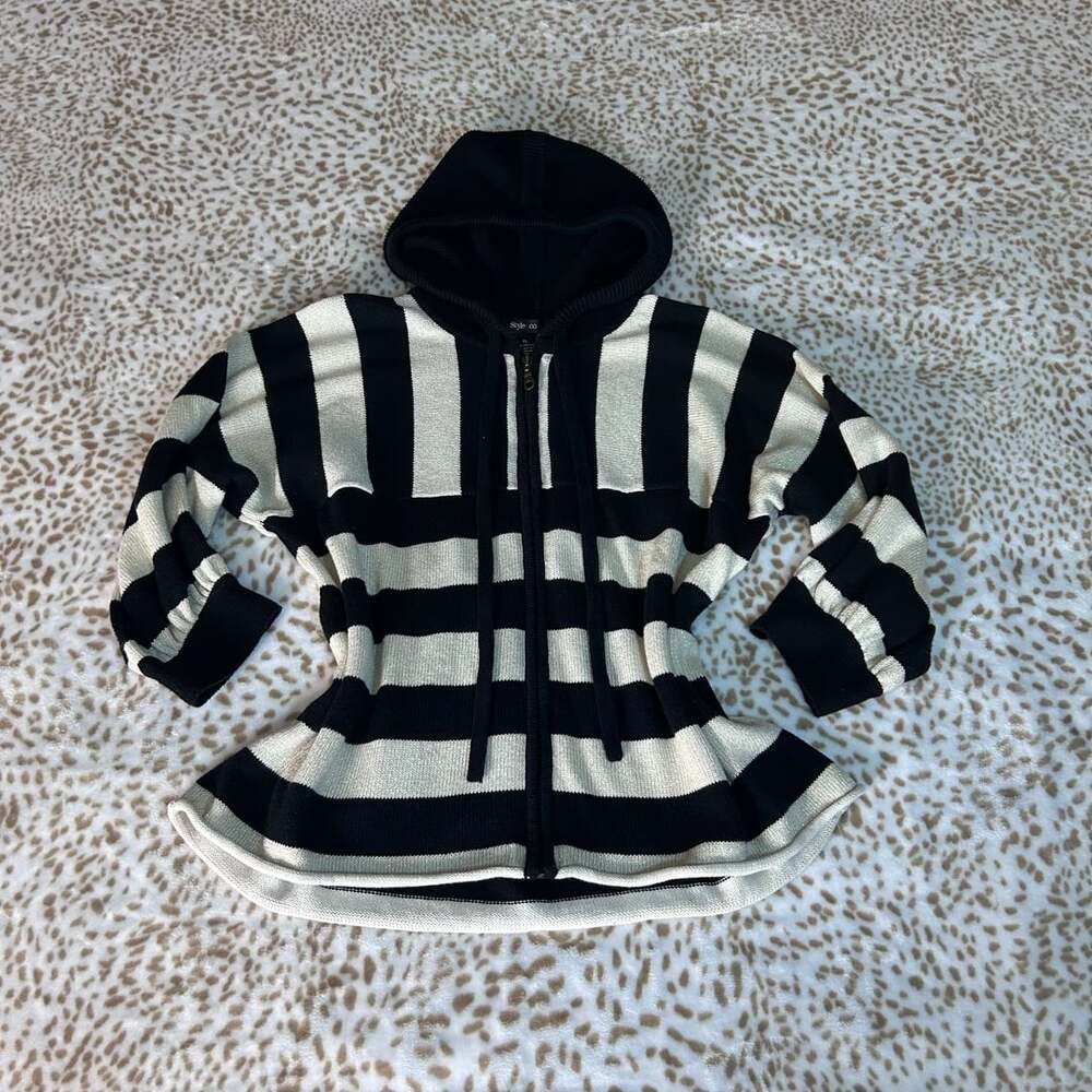 Style & Co. Knit Full Zip Hoodie Size XL Black White Striped Sweater